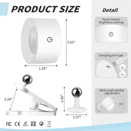 Vista 6 de Adetu LED Wall Mounted Lights, Rechargeable Wall Sconces Lamp, 3 Color Temperatures & Remote, Magnetic Clamp Light 360° Rotation Dimmable Cordless