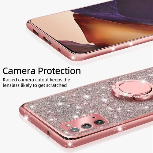 Vista 4 de Funda para Note 20, Galaxy Note 20 para mujer, con purpurina, suave, transparente, TPU de lujo, bonita funda protectora con correa de soporte