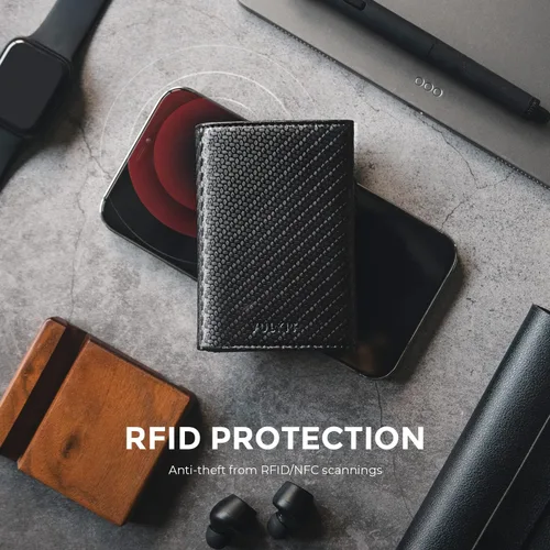 Vista 13 de VULKIT Cartera con tarjetero para hombre, con cierre magnético, bloqueo RFID, billetera de cuero triple, marino, Moderno