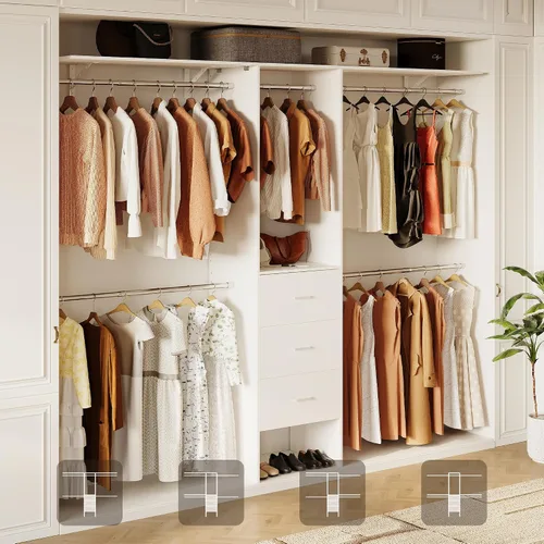 Vista 8 de LINLUX Sistema de armario de 8 pies, organizador de armario de 94 pulgadas con 3 cajones, 4 varillas extensibles para colgar, armarios de madera
