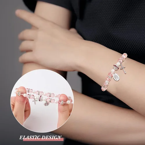 Vista 4 de Junkin Beaded Stretch Rosary Bracelet with Mesh Bags Catholic Bracelets for Women Girls Religious Rosary Bead Bracelet Pink Bracelet Crucifix Medal