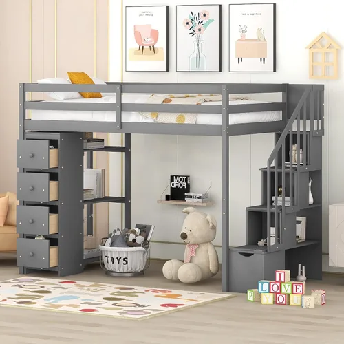 Vista 11 de Cama alta moderna con cajones de almacenamiento y escaleras, cama de madera tamaño individual con estantes y barandillas, para niños, niñas