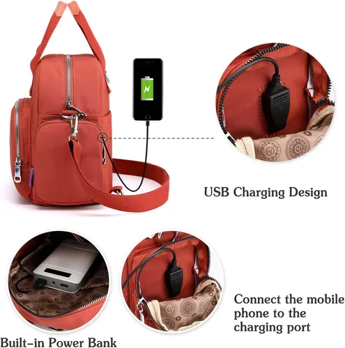 Vista 4 de PORRASSO Mochila para mujer, bolso de hombro multifuncional con puerto de carga USB, bolso cruzado de nailon para trabajo, viajes, citas, negro