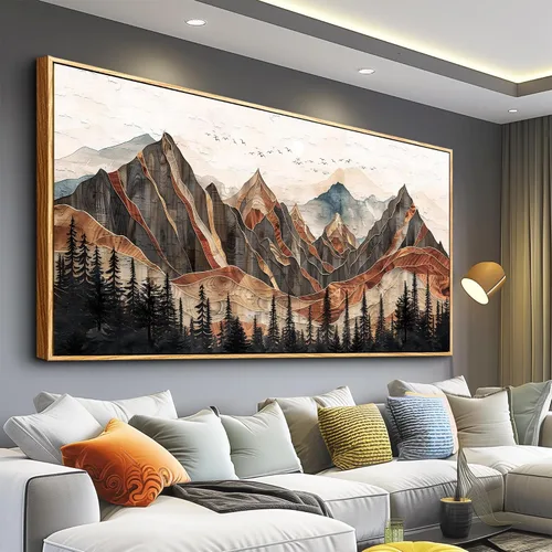 Vista 20 de XIGUANGART Arte de pared enmarcado de montaña, decoración de pared de montañas horizontales largas, pintura de pared de naturaleza de pinos