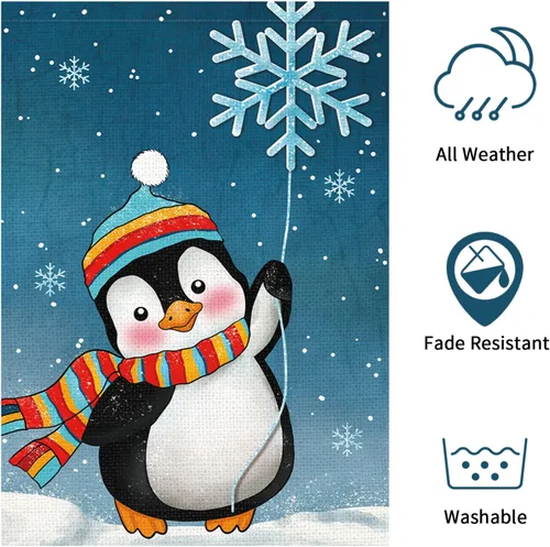 Vista 5 de Bandera de jardín de Navidad de bienvenida de pingüinos de invierno, 12 x 18 pulgadas, de arpillera de doble cara, bufandas de copos de nieve