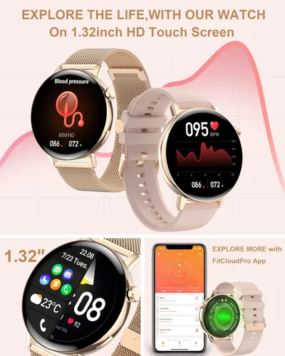 Vista 5 de Reloj inteligente para mujer (respuesta/hacer llamadas), reloj inteligente Bluetooth HD de 1.32 pulgadas para teléfonos Android y iPhone, rastreador