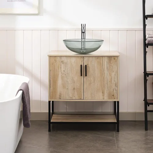 Vista 4 de UEV Mueble de baño de roble rústico de 30 pulgadas con lavabo, juego de gabinete de baño con marco de hierro industrial con puertas y estante