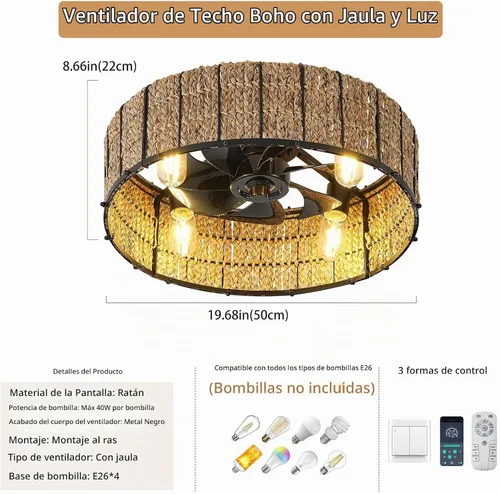 Vista 3 de Ganeed Ventilador de techo bohemio de 20 pulgadas con luz, ventilador de techo enjaulado de ratán tejido a mano con luz y control remoto, ventilador