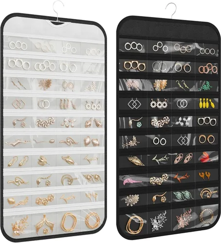 Vista 13 de Organizador colgante de joyas con 80 bolsillos de almacenamiento de doble cara, 1 paquete, color beige
