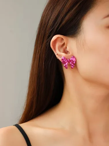 Vista 2 de Aretes llamativos, aretes de tuerca rosa metálico, rosa Barbie lila digital, aretes de lazo Kitsch