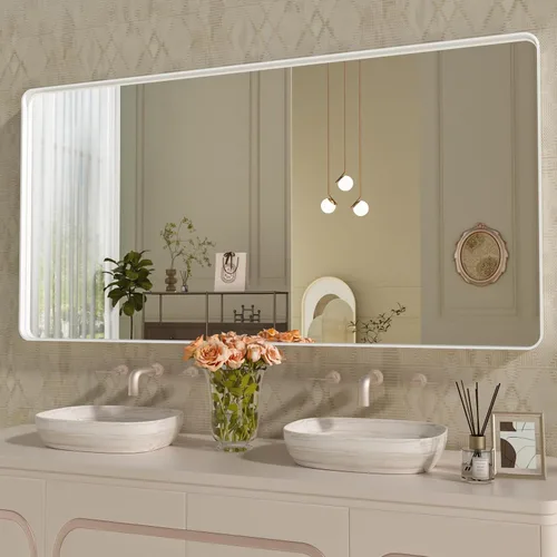 Vista 99 de WEER - Espejo de baño con luces LED, 50x70cm, espejo de tocador montado en la pared, 3 colores regulables, almohadilla antiempañante retroiluminada