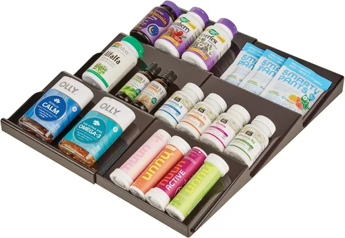 Vista 7 de mDesign - Estante de especias de plástico ajustable y expandible, organizador de cajón para gabinetes de cocina, 3 niveles inclinados para ajo, sal