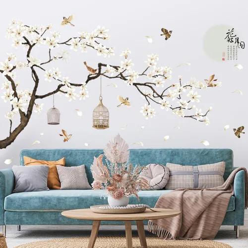 Vista 4 de Calcomanías de pared de estilo chino, árbol negro y pájaros voladores, removibles, decoración de pared, murales para niños, guardería, oficina