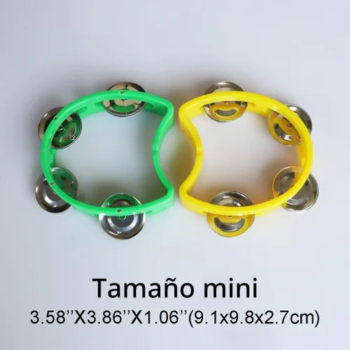 Vista 5 de Pandereta mini campana de mano de percusión instrumento musical pandereta pequeña (1 verde y 1 amarillo)