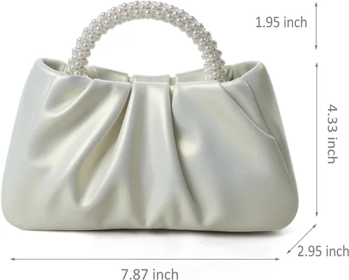 Vista 6 de Beatfull Bolso de noche para mujer, bolso de mano pequeño con perlas de cuero suave, bolso fruncido para boda, novia, fiesta, baile de graduación