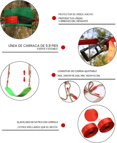 Vista 6 de Dripex - Carrera de obstáculos ninja warrior de 50 pies para niño con accesorios completos, columpio, trapecio, escalera de cuerda, red