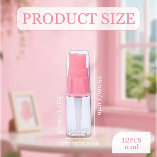 Vista 2 de Botella bomba de loción de plástico transparente de 0.3 onzas líquidas con cabezal de bomba de presión rosa, recipiente vacío para muestras