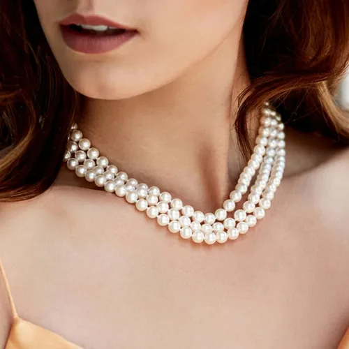 Vista 2 de The Pearl Source Sterling Silver AAAA Quality Triple Strand White Freshwater Cultured Pearl Necklace for Women