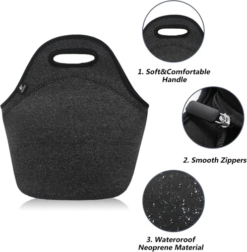 Vista 3 de LOVAC Lonchera de neopreno para hombres, bolsa de almuerzo aislada, duradera e impermeable, reutilizable, suave y ligera (negro)