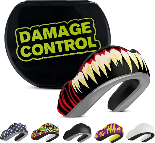 Vista 9 de DAMAGE CONTROL Protector bucal deportivo de impacto extremo con estuche Boil & Bite Fit, almohadillas absorbentes de golpes, funda ventilada