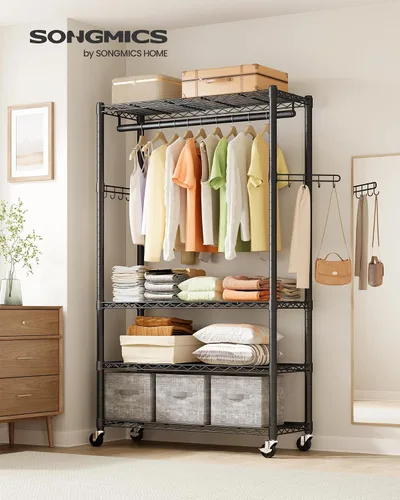 Vista 2 de SONGMICS ULGR418BH01 - Perchero de ropa con ruedas rodantes, con estantes de malla ajustables y rieles para colgar, ganchos, 15.8 x 35.4 x 78.3