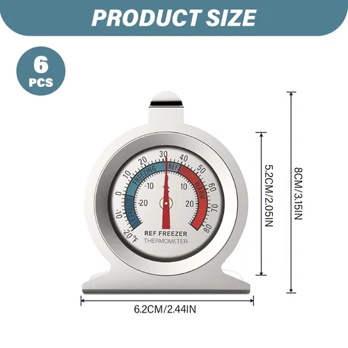 Vista 2 de 6Pcs Refrigerator Thermometer -30℃～30℃/-20℉～80℉, Stainless Steel Fridge Thermometer Large Dial Digital with Red Indicator for Freezer Cooler