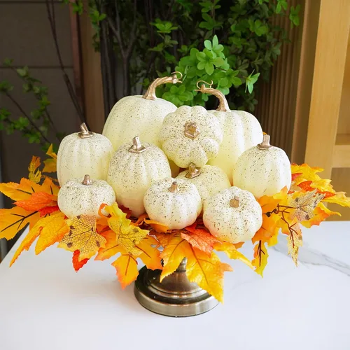 Vista 8 de Winlyn 10 calabazas artificiales surtidas de otoño (crema)