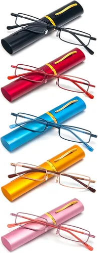 Vista 9 de REAVEE Paquete de 5 lentes de lectura portátiles delgados para hombres y mujeres, bloqueo de luz azul para computadora con bolsillo pequeño, estuche