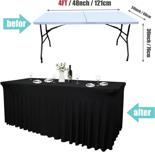 Vista 3 de Paquete de 2 Faldones de Mesa Rectangulares Negros, 48L x 24A x 30Al Pulgadas, Manteles Ajustados de Spandex Elástico, Resistentes a las Arrugas