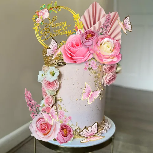 Vista 5 de 17 PCS Adornos para Tartas de Flores Estilo Boho Decoraciones de Pastel de Mariposa con Rosas Artificiales Claras Eucalipto para Suministros de Boda