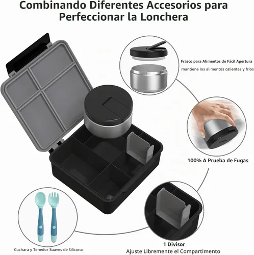 Vista 3 de Caja de almuerzo Bento para niños con termo para sopa de 8oz, botella de agua, contenedores de comida para almuerzo a prueba de fugas para niños