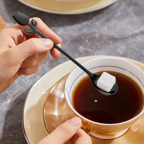 Vista 4 de Juego de 12 mini cucharas de café con mango de tulipán negro/rosa, acero inoxidable de 6 pulgadas para expreso, té, postre, ideal para demitasse