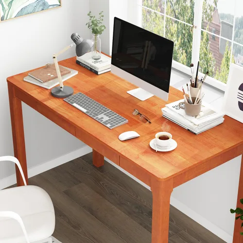 Vista 4 de FUFU&GAGA Escritorio de oficina de 47 pulgadas, escritorio rectangular para computadora con 2 cajones, patas de madera maciza, mesa de escritura