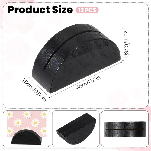 Vista 2 de 12 soportes de madera para números de mesa, soportes semicirculares para tarjetas de lugar de boda, soportes de madera reutilizables para nombres