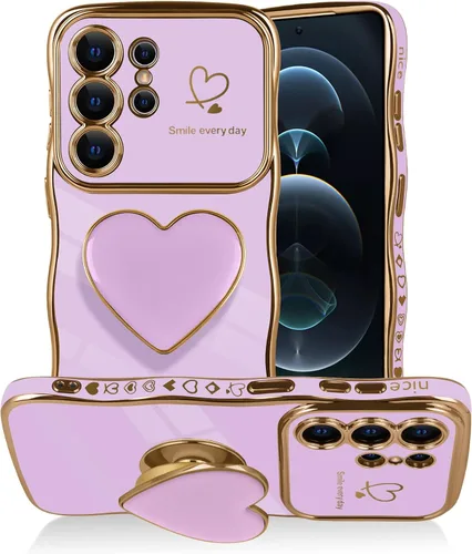 Vista 18 de Funda para Samsung Galaxy S23 Love-Heart Holder Case Cute Black Luxury Wave Frame forma rizada con corazón de amor, cubierta protectora de TPU suave