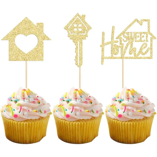 Vista 16 de Gyufise Paquete de 24 adornos para cupcakes Sweet Home con purpurina para inauguración de la casa, para bienvenida, nuevo hogar, fiesta temática