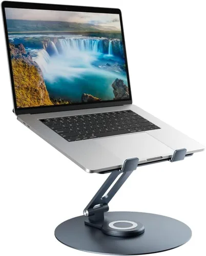 Vista 9 de Soporte giratorio para computadora portátil para escritorio, soporte de computadora de aluminio de altura ajustable con base giratoria de 360