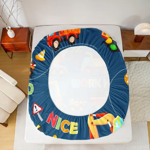 Vista 6 de Manfei Sábana bajera ajustable de dibujos animados para niños, tamaño individual, bonito juego de ropa de cama con excavadora, camión, tractor
