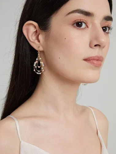 Vista 3 de TOVABA Aretes bohemios de dos tonos con cuentas, aretes colgantes bohemios, aretes de vacaciones, regalo de joyería, Latón, No es una piedra preciosa