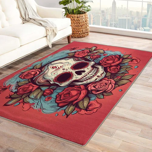 Vista 10 de Alfombra de calavera de azúcar de 2 x 3 pies, alfombra mexicana para entrada, alfombra de día de los muertos, decoración de habitación de niños