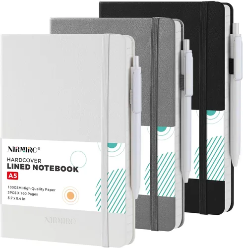 Vista 25 de Paquete de 3 cuadernos rayados con bolígrafo, cuadernos A5 (5.7 x 8.4 pulgadas) de tapa dura de cuero para mujeres y hombres, trabajo, 160 páginas
