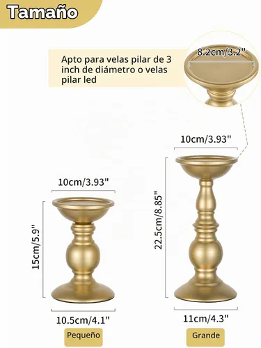 Vista 6 de NUPTIO Portavelas de pilar dorado: centro de mesa de latón para velas de 3