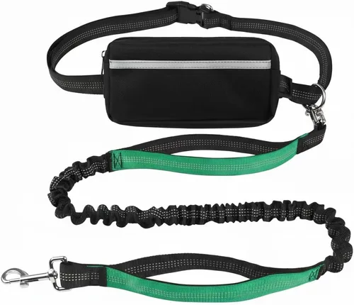 Vista 8 de Correa para perro manos libres con cinturón y bolsa grande con cremallera, correa de cintura para pasear perros, correr y senderismo, costuras Negro