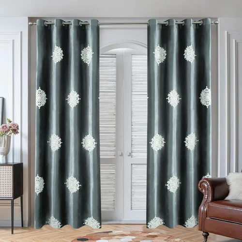 Vista 10 de VOGOL Cortinas opacas bordadas para sala de estar, paneles de cortina de terciopelo azul para dormitorio, 52 x 63 pulgadas, 2 paneles