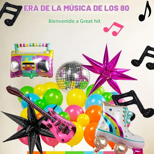 Vista 4 de Kit de arco de guirnalda de globos con temática musical de los años 80, 160 piezas con guitarra, bola de discoteca, nota musical, globo de mylar