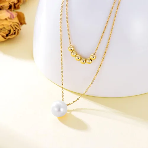 Vista 3 de Collar con capas de perlas de agua dulce de oro macizo de 14 quilates para mujeres, bolas de oro con cable de cadena gargantilla colgante joyería