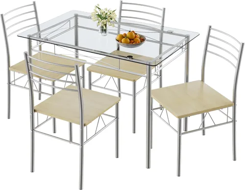 Vista 15 de VECELO Juego de mesa de comedor para 4, mesa de cocina de vidrio de 5 piezas con sillas acolchadas tapizadas para espacios pequeños, rincón