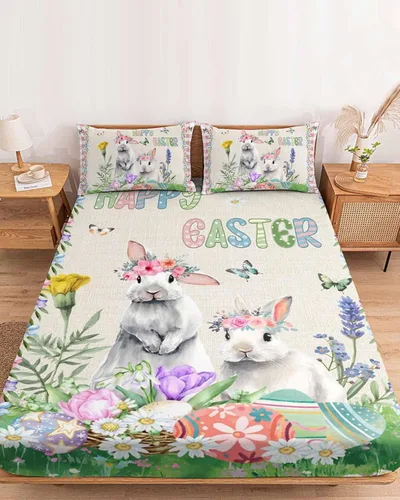 Vista 3 de Happy Easter - Juego de sábanas bajeras tamaño individual con diseño de conejo floral con mariposa, 2 sábanas y fundas de almohada, 1 colcha Beige