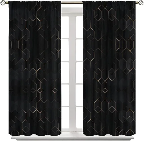 Vista 76 de Cortinas Negras con Dobladillo Dorado, Cortinas Opacas con Bolsillo para Barra con Estampado de Rayas de Foil en Onda Dorada para Decoración de Negro