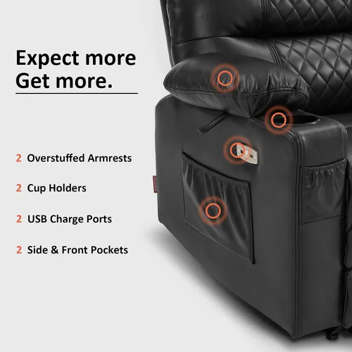 Vista 9 de MCombo PR621 Silla reclinable eléctrica de gravedad cero con calor y masaje PR621 (negro) Gravedad cero de 155°, puertos de carga USB y tipo C